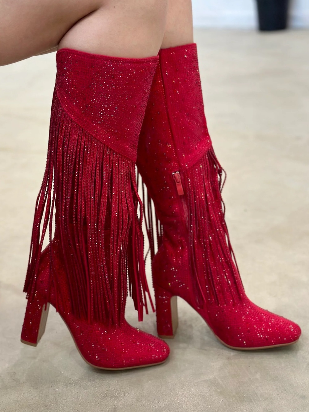 NEW Western Red Fringe Knee-High Block Heel Boots sz 7
